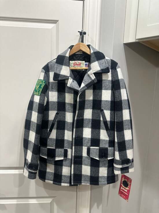 Schott NYC Other - Vtg Schott NYC 737US White/Black Buffalo Plaid Wool Car Coat with Patch